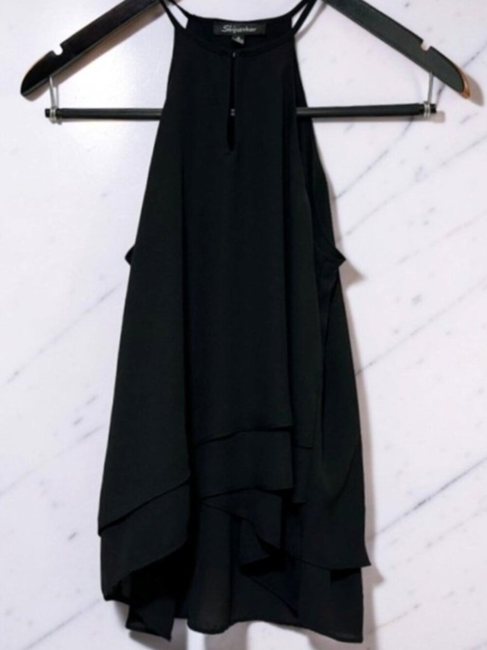 Shinestar Tulip Hem Tiered Halter Top Black Keyhole Front Size Small